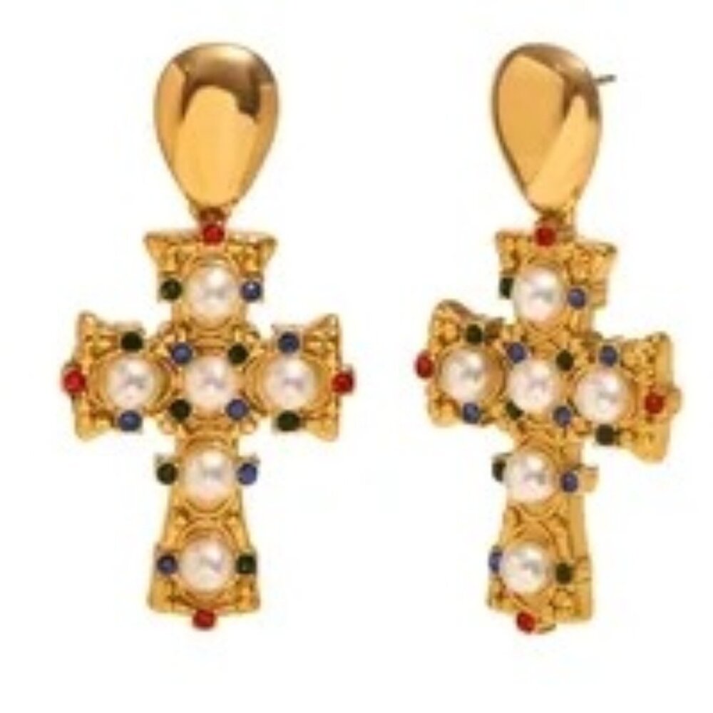 Womens Cross Earrings Rhinestone Faux Pearl Gold Plated Pierced Chandelier